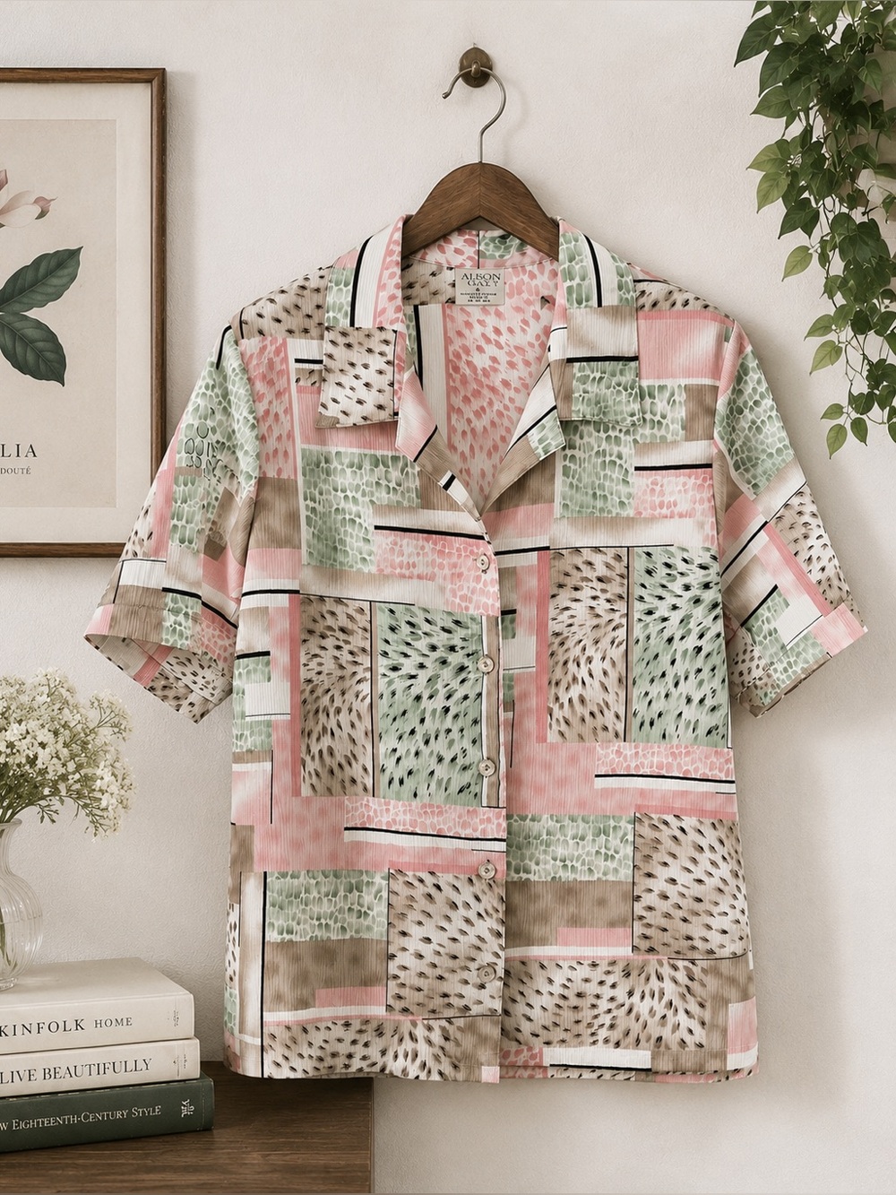Vintage 1980s Alison Daley Pink & Green Short-Sleeve Button Shirt, Shoulder Pads